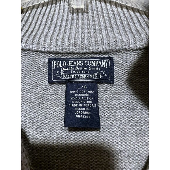 Y2K Polo Ralph Lauren Flag Quarter Zip Pullover L Gray Ribbed 100% Cotton SOFT - Picture 7 of 7